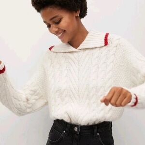 Mango White Cable Knitted Sweater, Red Striped, Preppy, Women's Size Medium